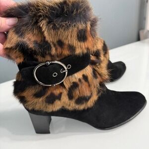 Stuart Weitzman Leopard Fur Trim Ankle Boots – Women's 8 Wide – Genuine Fur